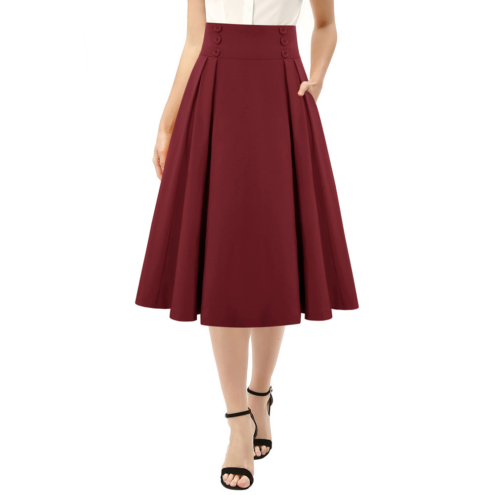 belle poque Women's Vintage Pleated Buttons Elastic Waist High A-Line Skirt