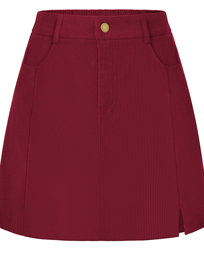belle poque Women Vintage Corduroy Mini Skirt Elastic Waist Front Slit A-Line Skirt Red