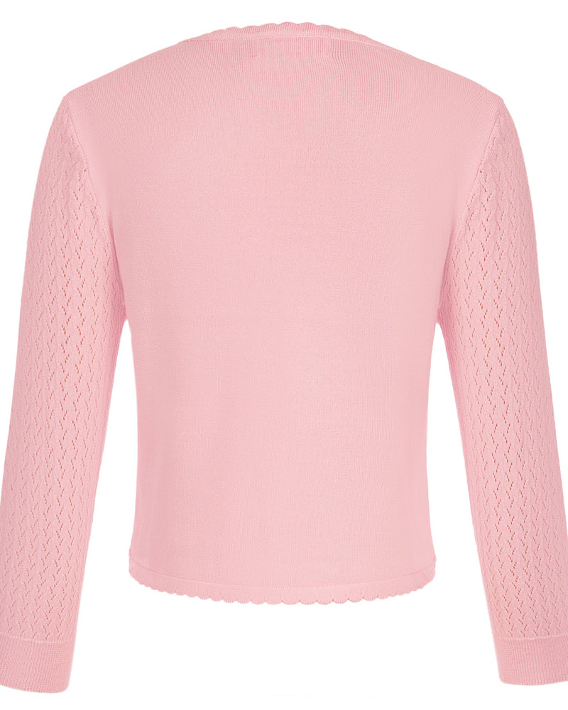 belle poque Hollowed-Out Cardigan 3/4 Sleeve V-Neck Button-up Cropped Knitwear