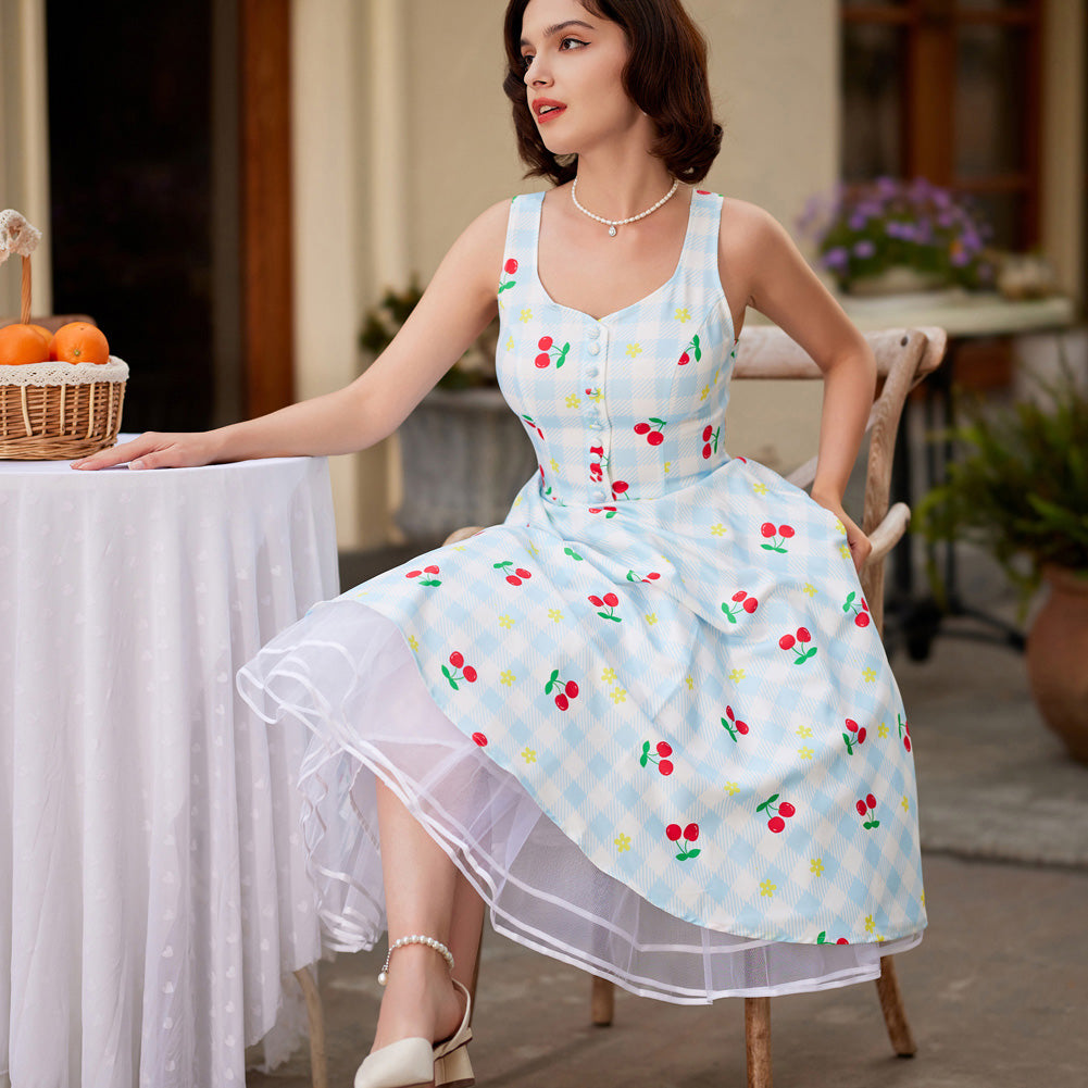 belle poque Fruit Printed Sweetheart Neck Flared 1950s Sleeveless A-Line Dress with Belt