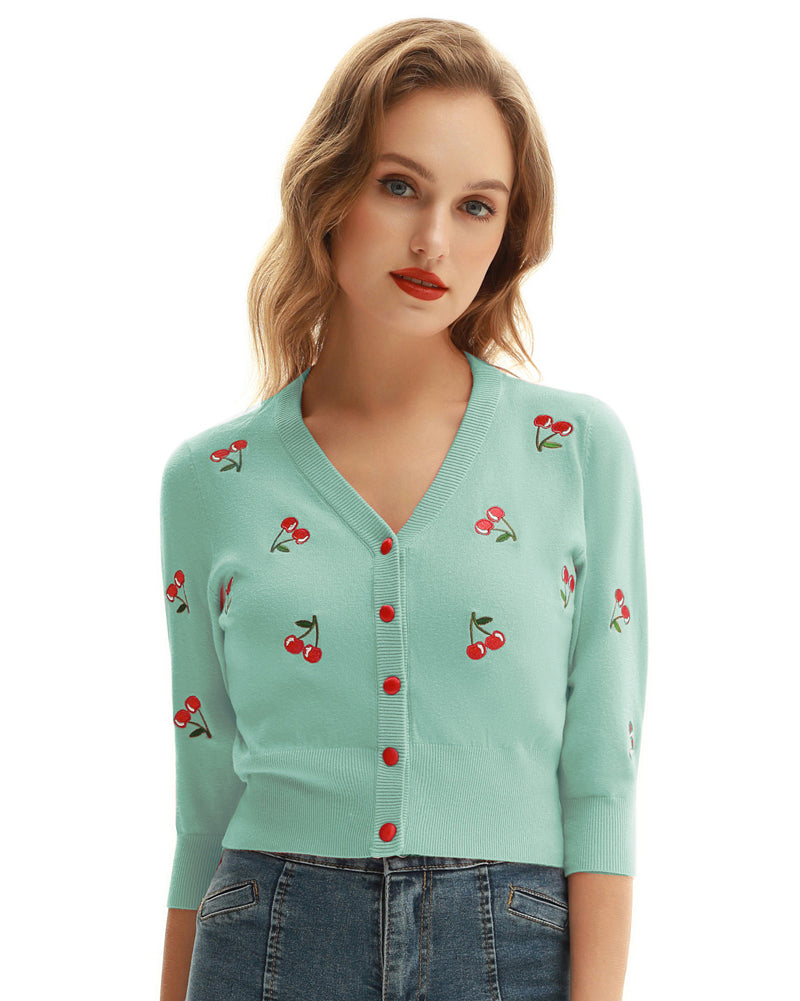 belle poque 3/4 Sleeve V-Neck Button Down Cherries Embroidery Cropped Cardigan Sweater Coat