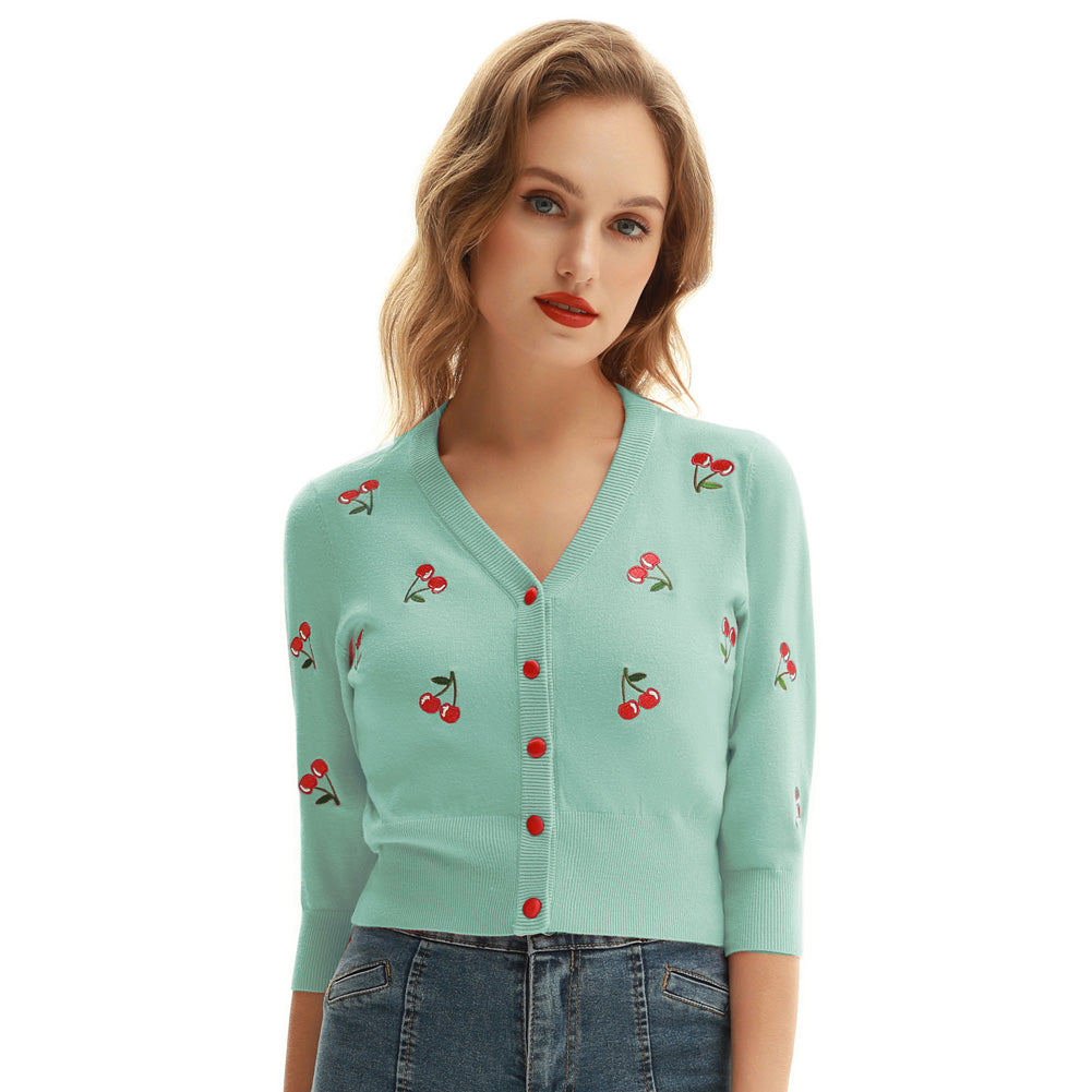 belle poque Women's 3/4 Sleeve Button Down Cherries Embroidery Cropped Cardigan Sweater Coat