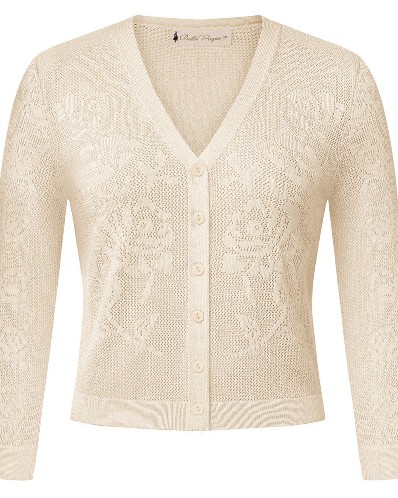 belle poque Women's Lace Cardigan Lightweight 3/4 Sleeve Button Down Cardigans Apricot