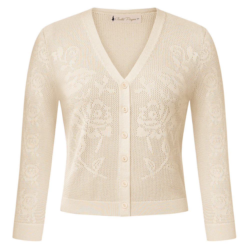 belle poque Women's Lace Cardigan Lightweight 3/4 Sleeve Button Down Cardigans Apricot