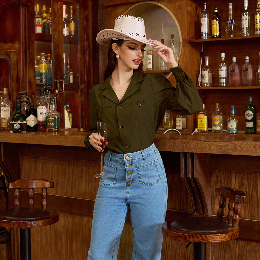 belle poque Vintage Straight Leg High Waisted Elastic Waist Multi-Pocket Flare Denim Pants