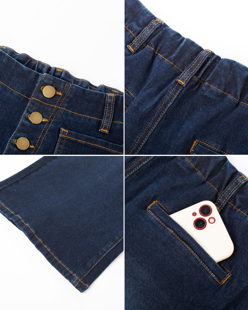 belle poque Vintage Straight Leg High Waisted Elastic Waist Multi-Pocket Flare Denim Pants