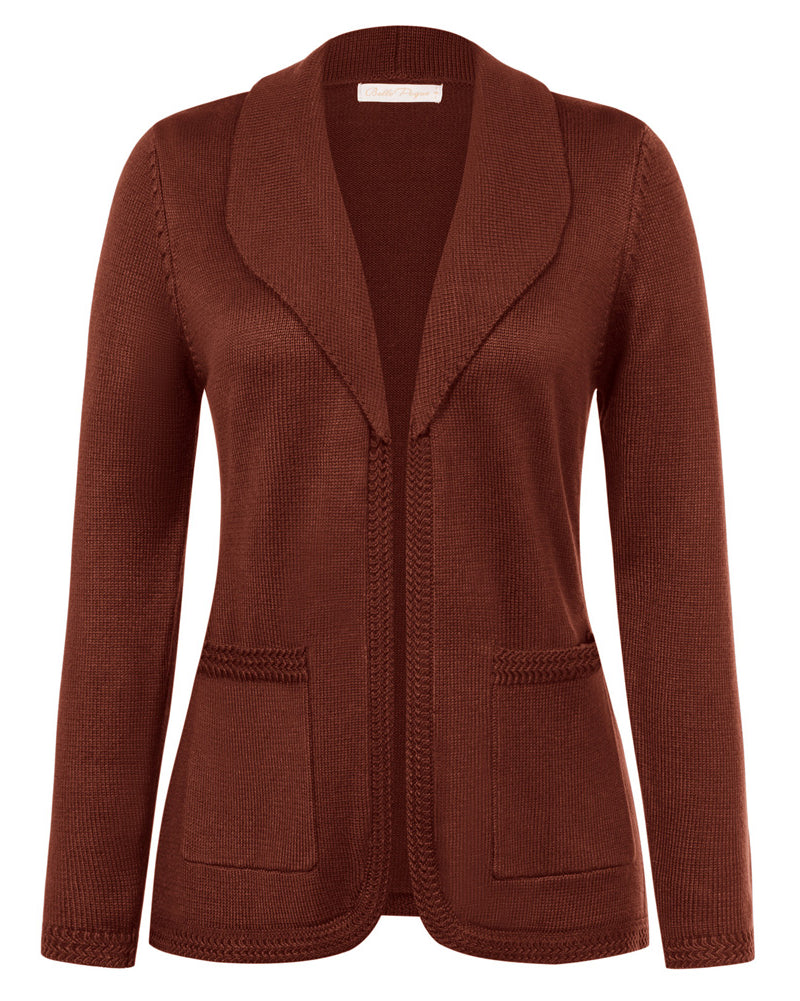 belle poque Vintage Cardigan Sweater Blazer V Neck Shawl Lapel Collar with Pockets Fire Brick