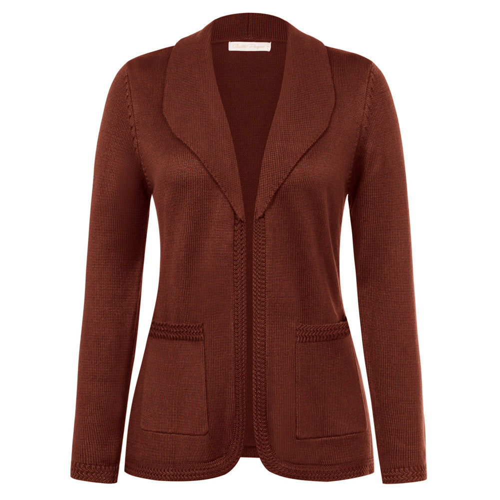 belle poque Vintage Cardigan Sweater Blazer V Neck Shawl Lapel Collar with Pockets Fire Brick