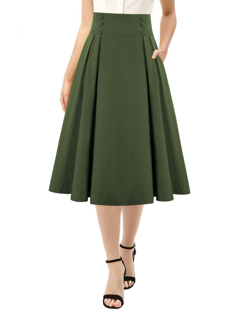 belle poque Women's Vintage Pleated Buttons Elastic Waist High A-Line Skirt