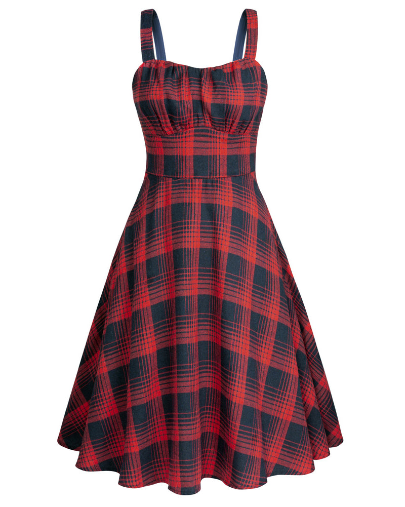 belle poque Vintage Two-Way Defined Waist Dress Ruched Bodice Flared Plaid A-Line Dress Red