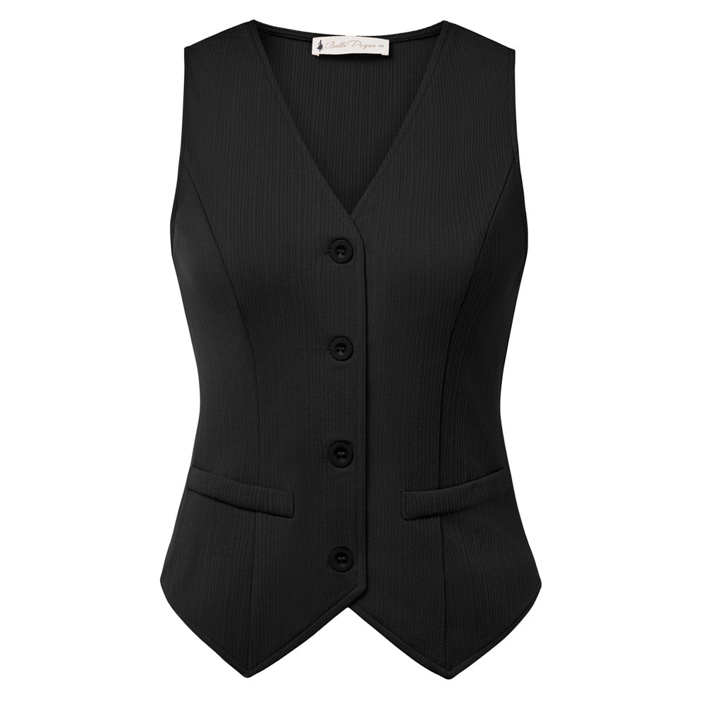 belle poque Women’s Vest Top Trendy Knitted Waistcoat Button Down Tops Suit Vest Tops Black