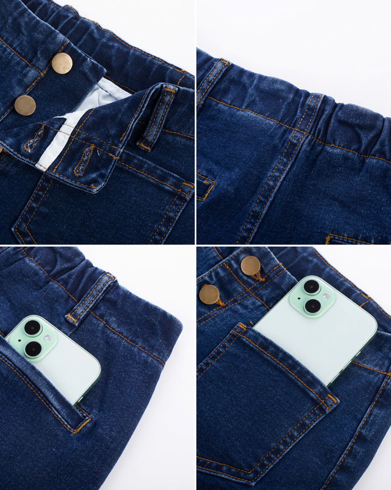 belle poque Vintage Straight Leg High Waisted Elastic Waist Multi-Pocket Flare Denim Pants