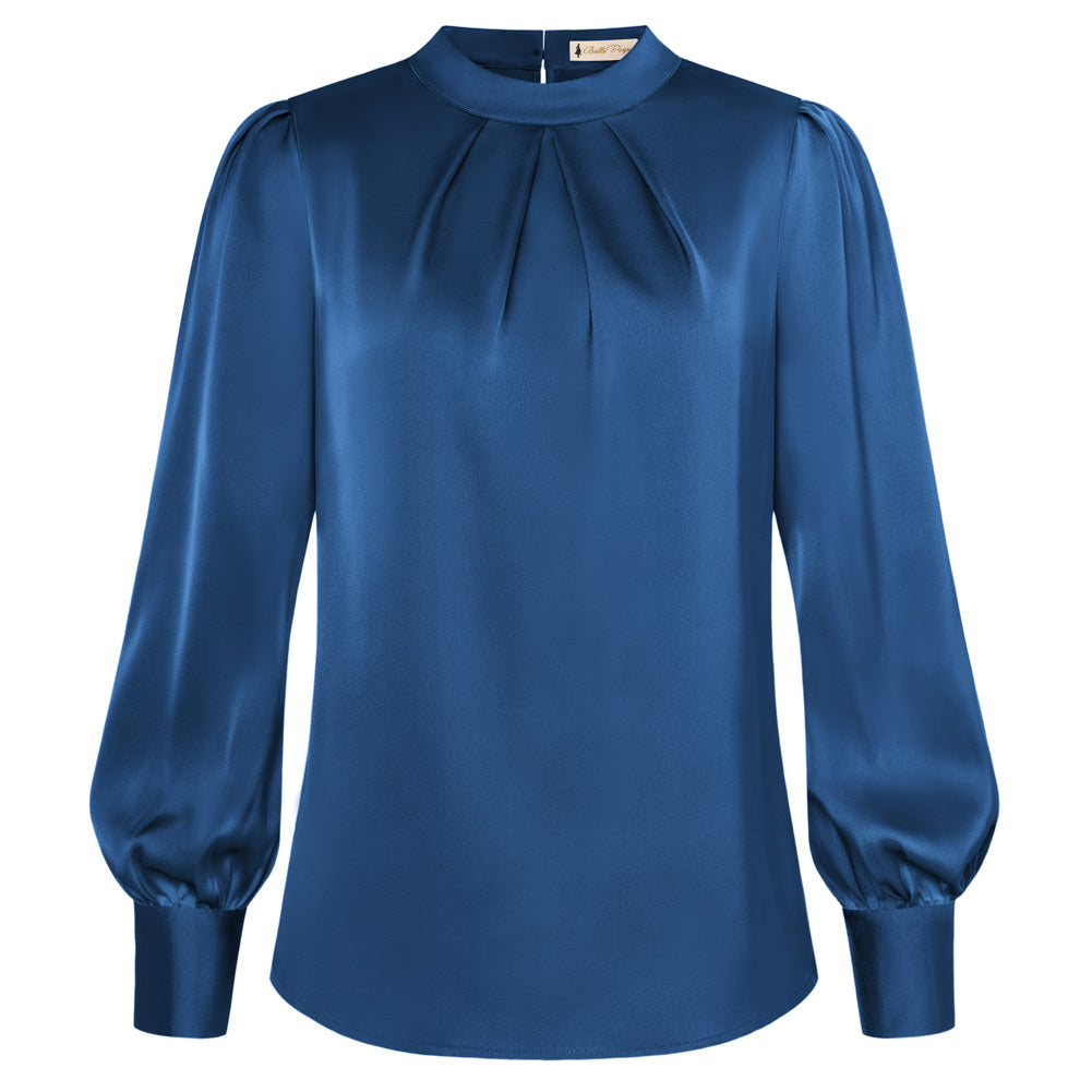 belle poque Womens Long Sleeve Satin Blouse Dressy Casual Business Tops Shirts for Office Work Royal blue