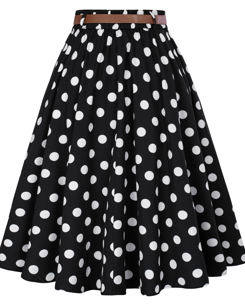 belle poque Swing Skirt with Belt Elastic High Waist Buttons Decorated Skirt