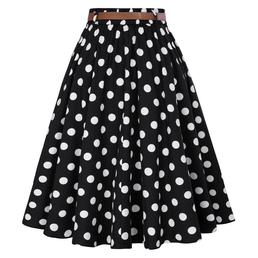 belle poque Swing Skirt with Belt Elastic High Waist Buttons Decorated Skirt