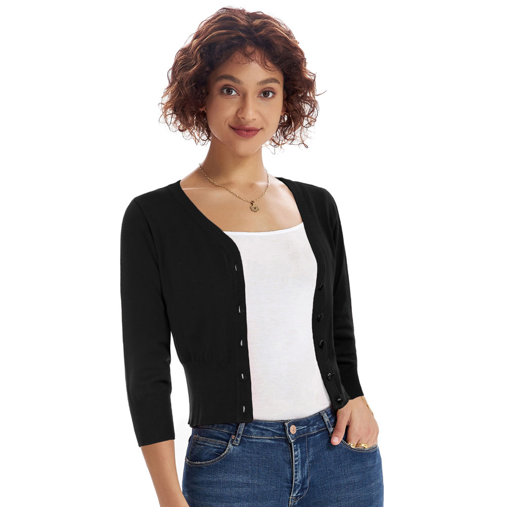 belle poque Cropped Cardigan 3/4 Sleeve V-Neck Button-up Sweater Knitwear