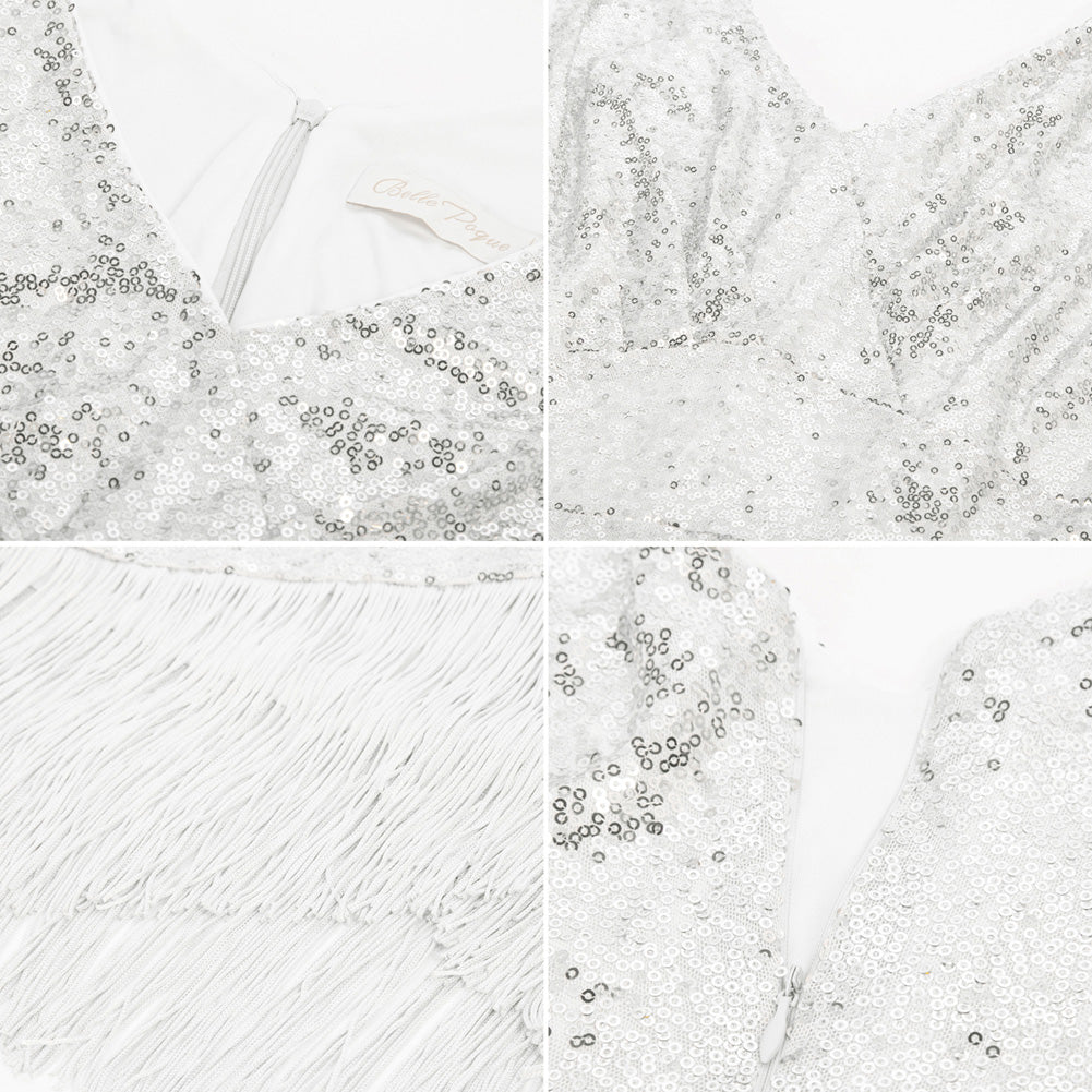 belle poque Seckill Offer⌛Sequined Sleeveless V-Neck Tassel Decorated Wrap Hem Party Dress