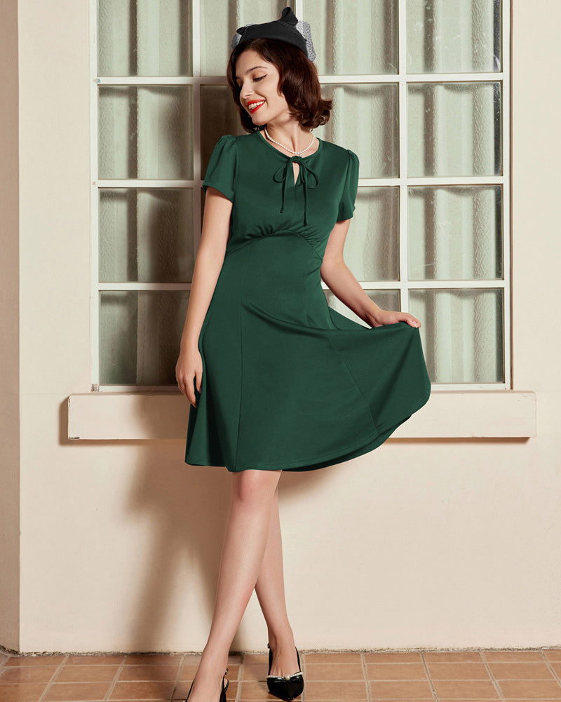belle poque Vintage A-Line Swing Dress Keyhole Tie Dress Round Neck Work Dress Tea Dress