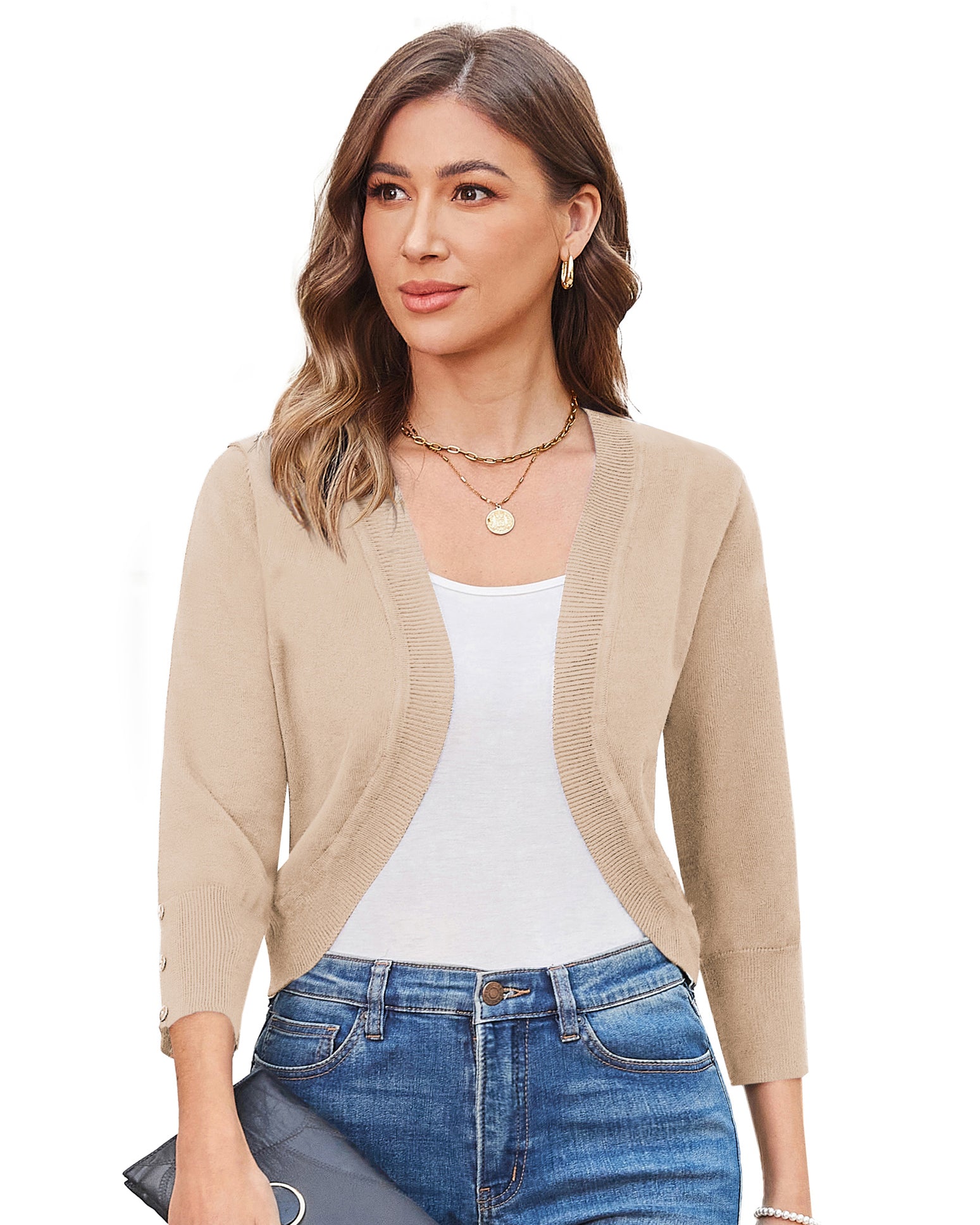 belle poque 3/4 Sleeve Bolero Shrug Open Front Knit Cropped Cardigan Sweater