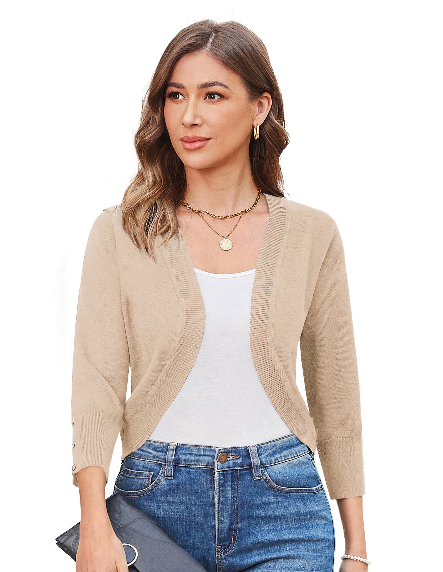 belle poque 3/4 Sleeve Bolero Shrug Open Front Knit Cropped Cardigan Sweater