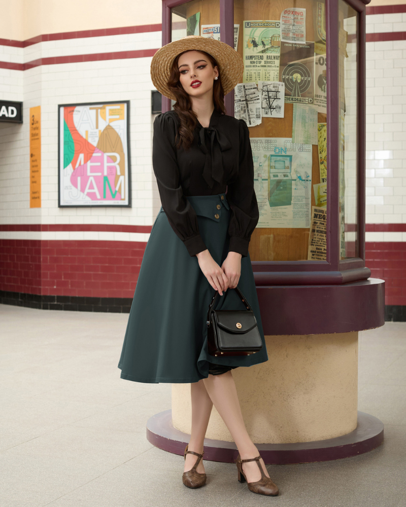 belle poque Vintage A-Line Skirt High Waisted Midi Skirt with Pockets & Buttons