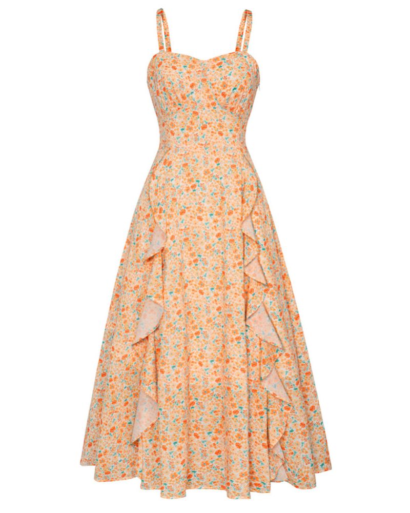 belle poque Sun Slip Dresses for Women Boho Maxi Dresses Casual Spaghetti Ruffle Dress Orange