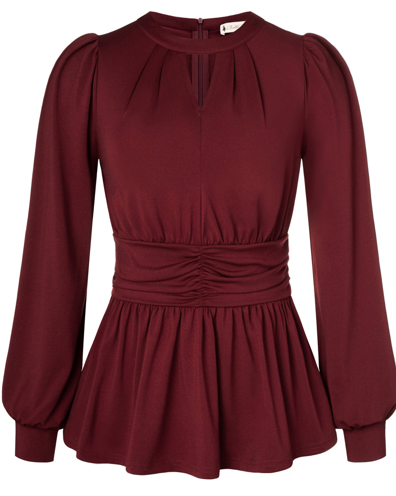 belle poque Women Retro Defined Waist Tops Long Lantern Sleeve Crew Neck Pullover Tops Wine