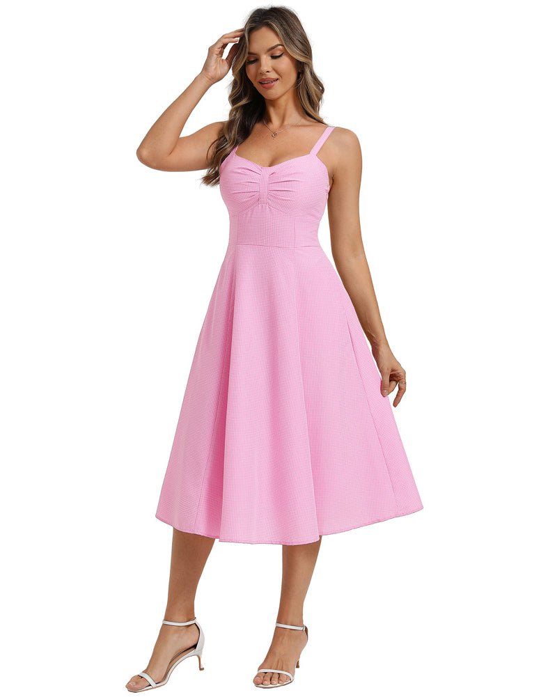 belle poque 1950s Vintage Gingham Dress for Women Sweetheart Neckline Dresses with Pockets