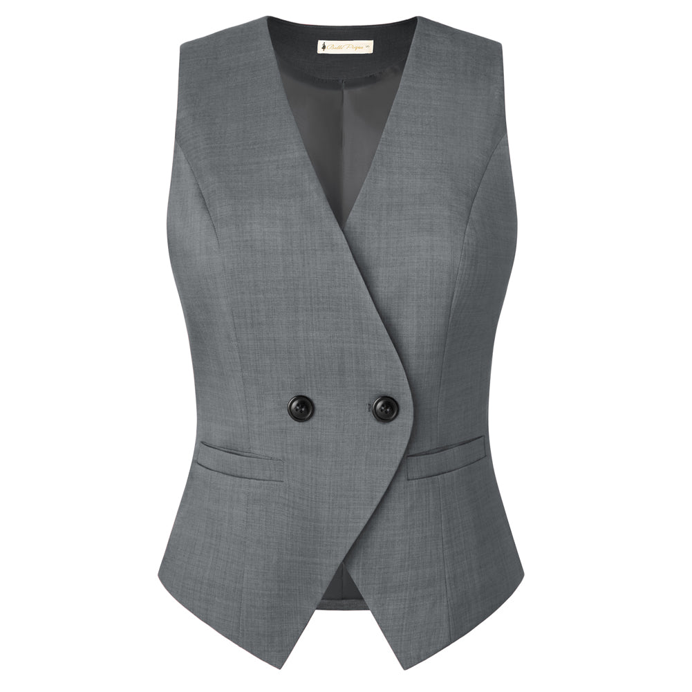 belle poque Women Handkerchief Hem Vest Coat Surplice V-Neck Slit Back Waistcoat Dark Gray