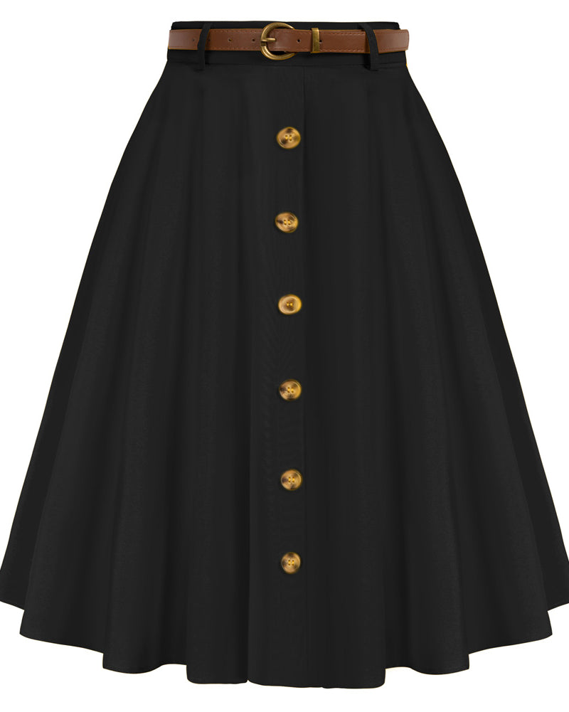 belle poque Swing Skirt with Belt Elastic High Waist Buttons Decorated Skirt Black