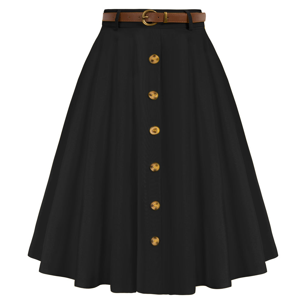 belle poque Swing Skirt with Belt Elastic High Waist Buttons Decorated Skirt Black