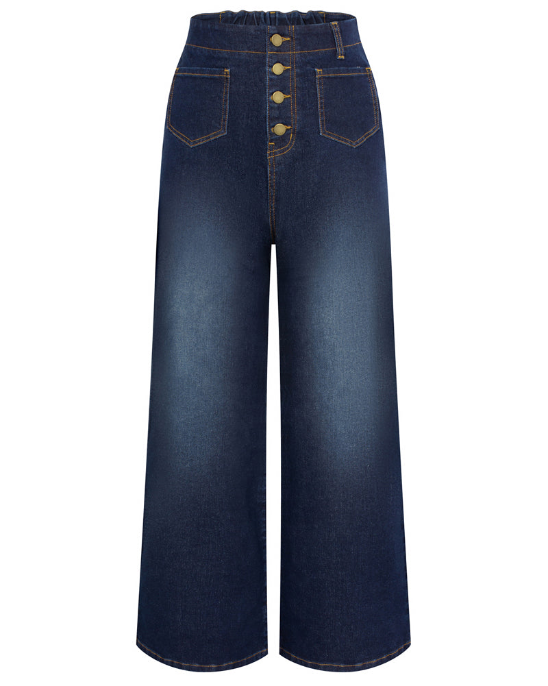 belle poque Vintage Straight Leg High Waisted Elastic Waist Multi-Pocket Flare Denim Pants Royal blue