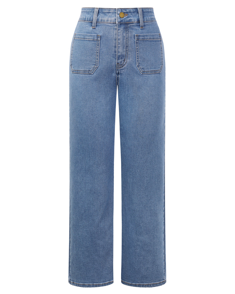 belle poque Women's Straight Leg Jeans Mid Rise Wide Leg Denim Pants with Pockets Light Blue