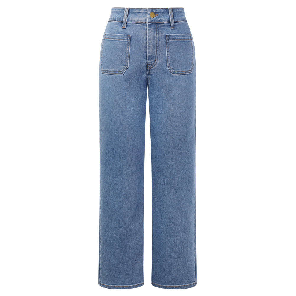 belle poque Women's Straight Leg Jeans Mid Rise Wide Leg Denim Pants with Pockets Light Blue