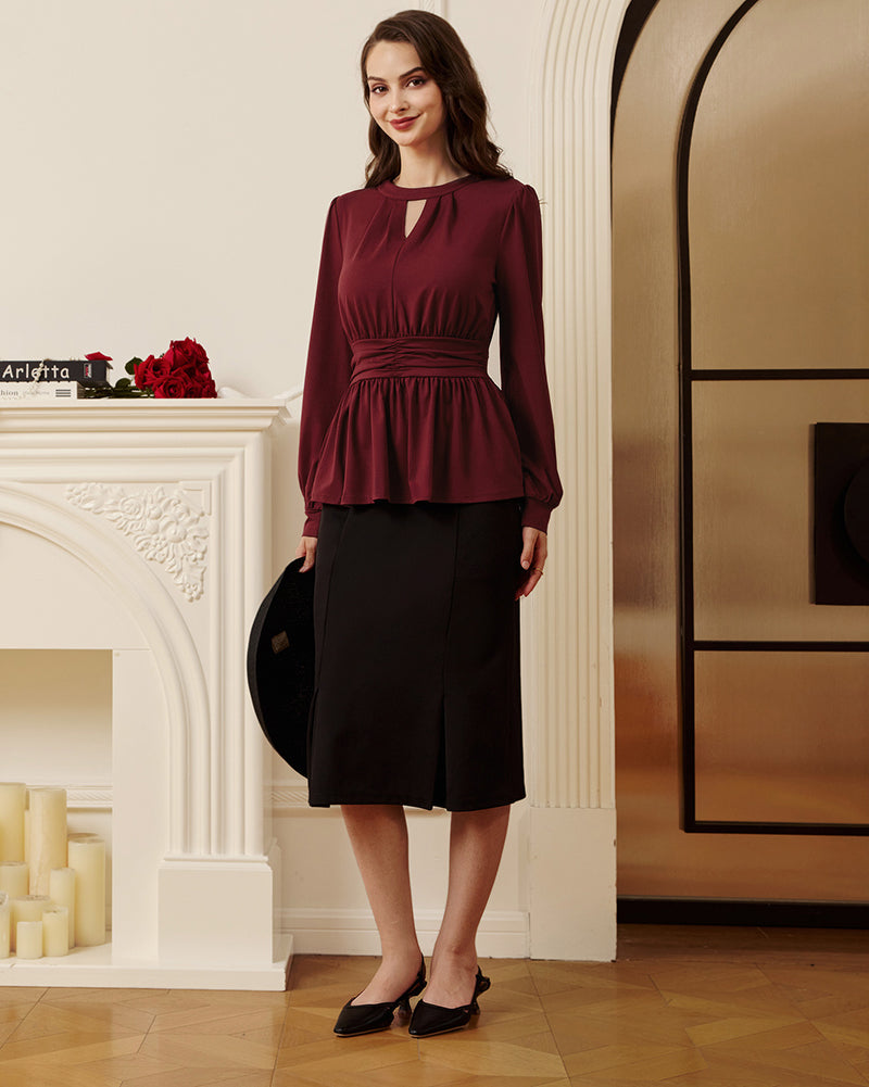 belle poque Women Retro Defined Waist Tops Long Lantern Sleeve Crew Neck Pullover Tops