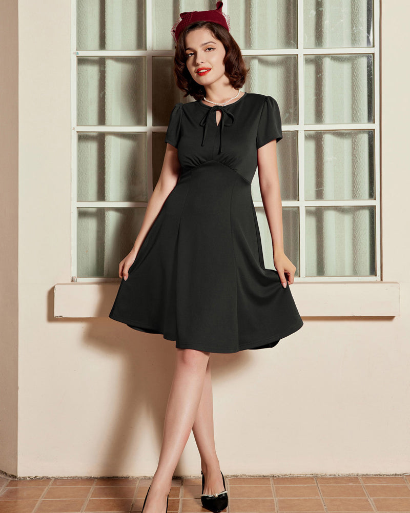 belle poque Vintage A-Line Swing Dress Keyhole Tie Dress Round Neck Work Dress Tea Dress