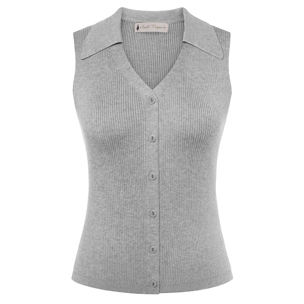belle poque Women's Button Down Tank Tops Collared Slim Fit Office Tops Gray