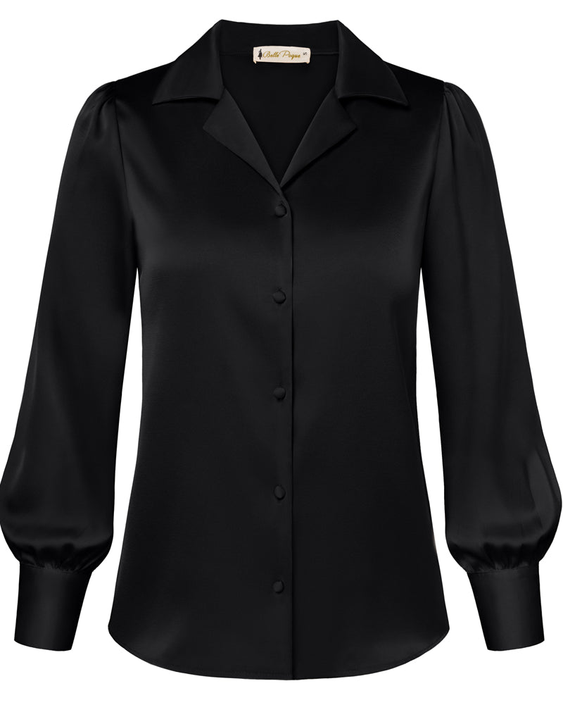 belle poque Women Vintage Shirt OL Long Sleeve Lapel Collar V-Neck Button-up Tops Black