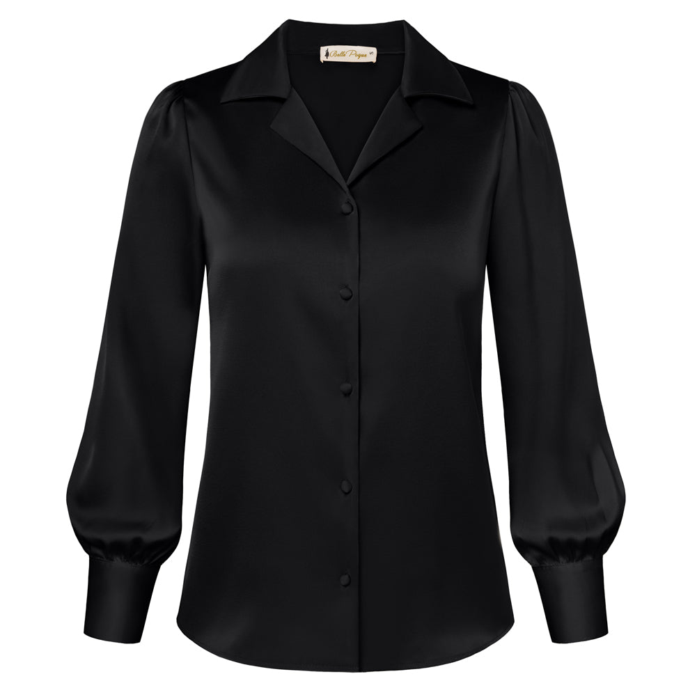 belle poque Women Vintage Shirt OL Long Sleeve Lapel Collar V-Neck Button-up Tops Black