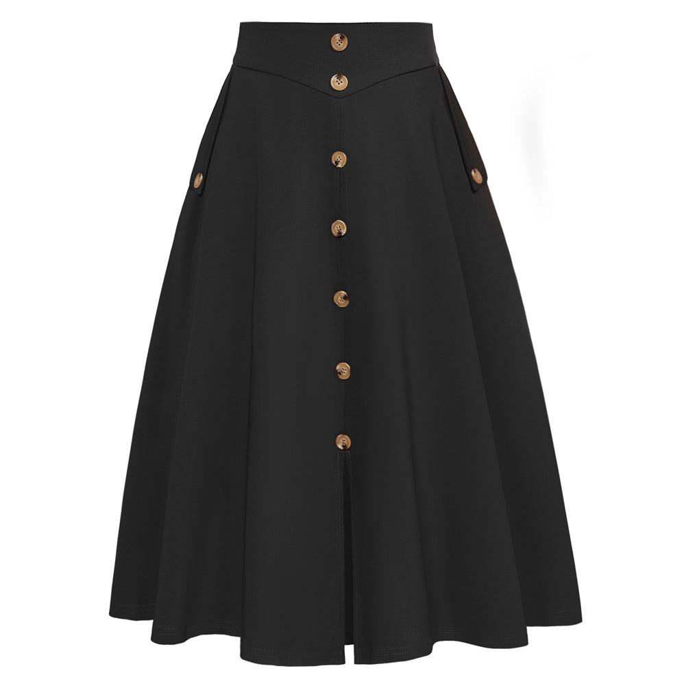 belle poque Belle Poque Women's Vintage A-Line Skirt with Slit Hem Black