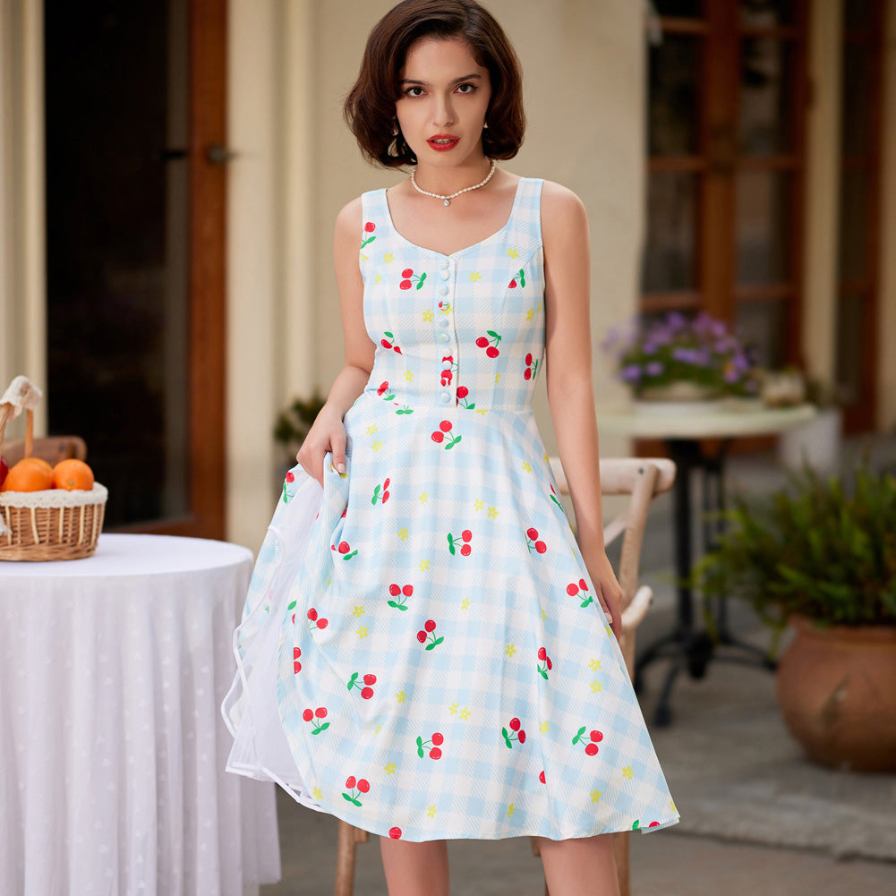 belle poque Fruit Printed Sweetheart Neck Flared 1950s Sleeveless A-Line Dress with Belt