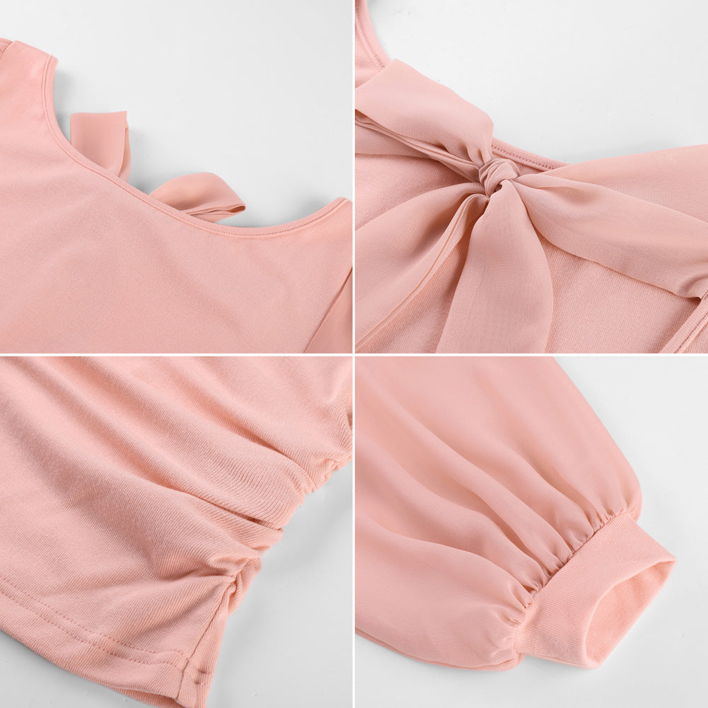 belle poque Women's Mesh Long Sleeve Tops Bow Tie Back Dressy Blouses