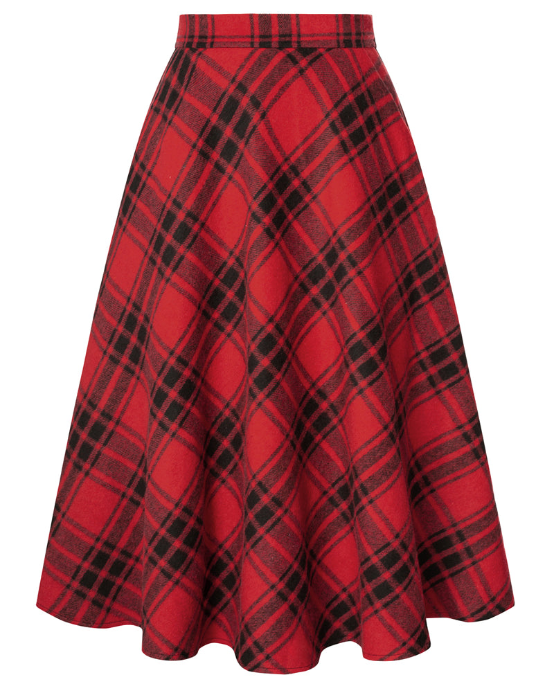 belle poque Women Vintage Plaided Swing Skirt Elastic Waist Mid-Calf Length A-Line Skirt Red