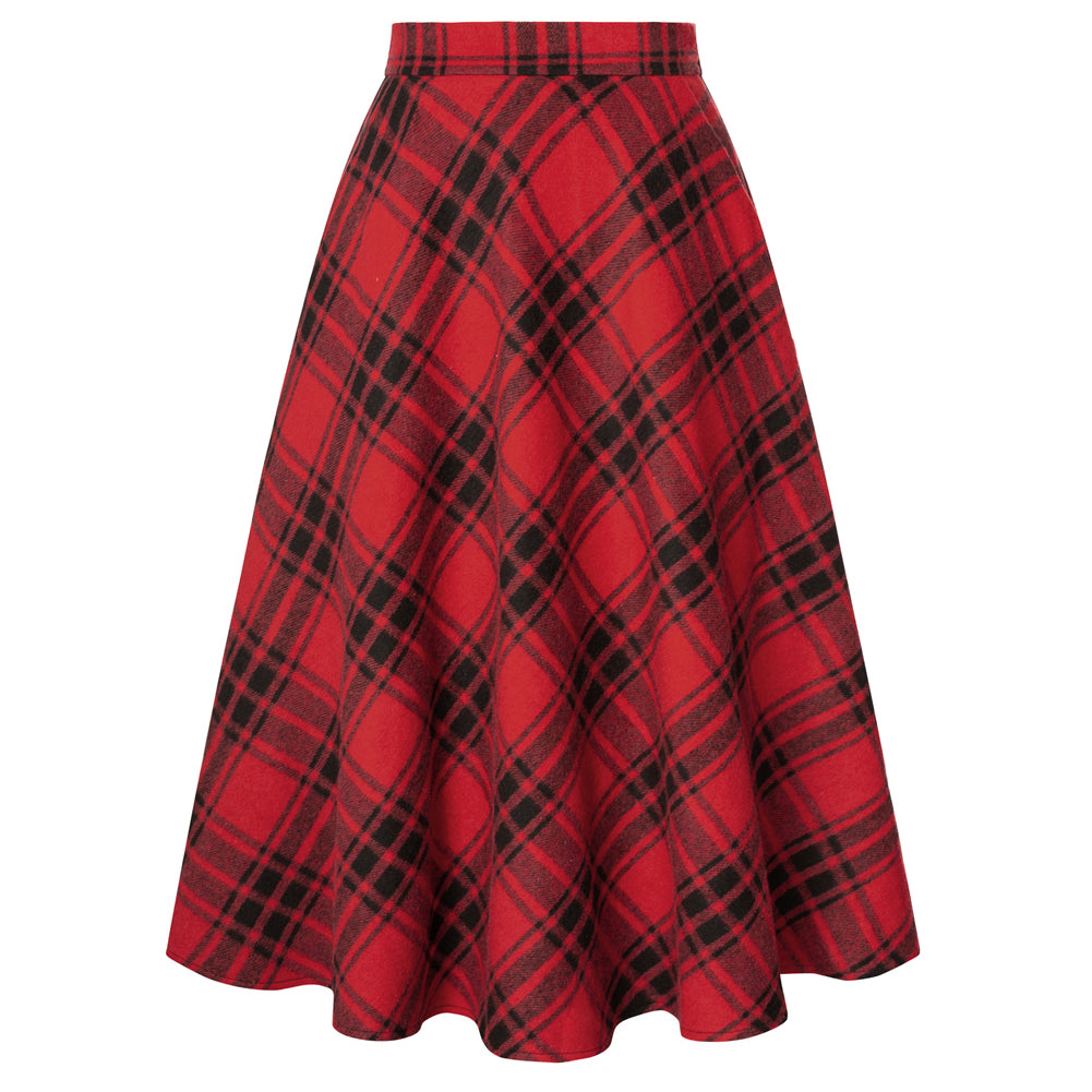 belle poque Women Vintage Plaided Swing Skirt Elastic Waist Mid-Calf Length A-Line Skirt Red