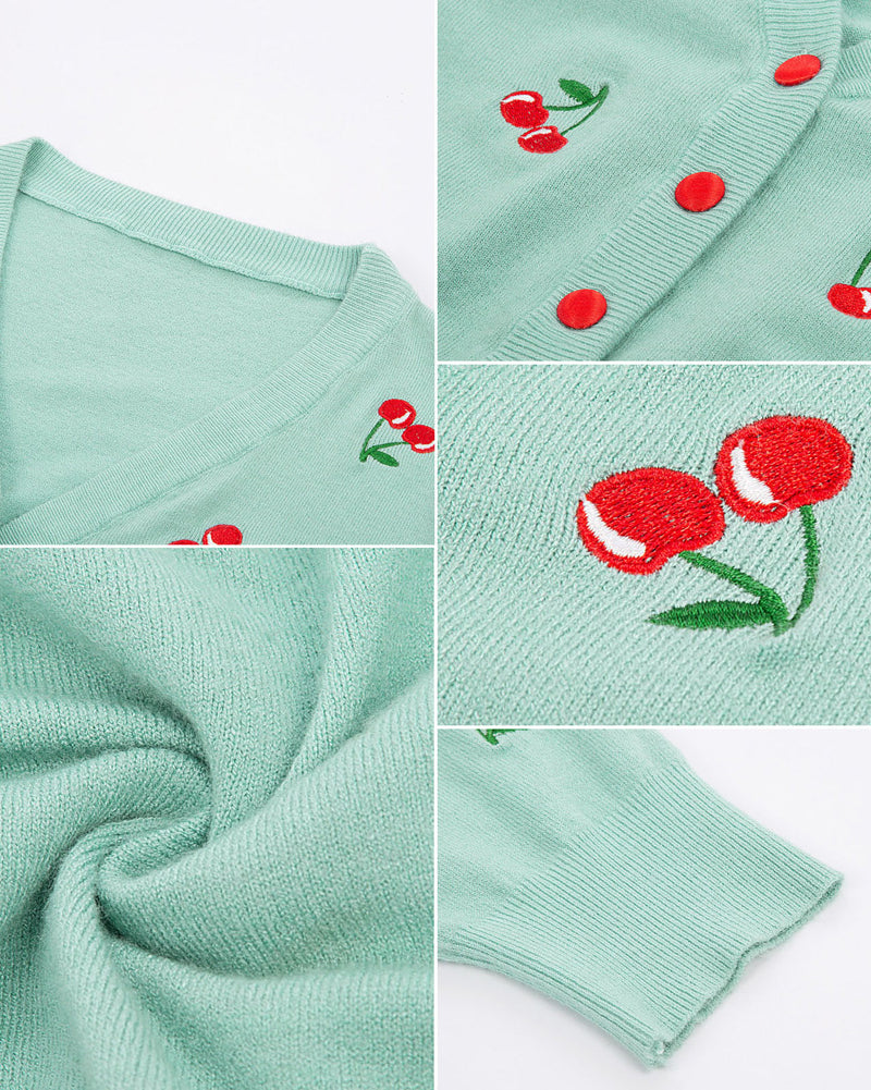 belle poque 3/4 Sleeve V-Neck Button Down Cherries Embroidery Cropped Cardigan Sweater Coat