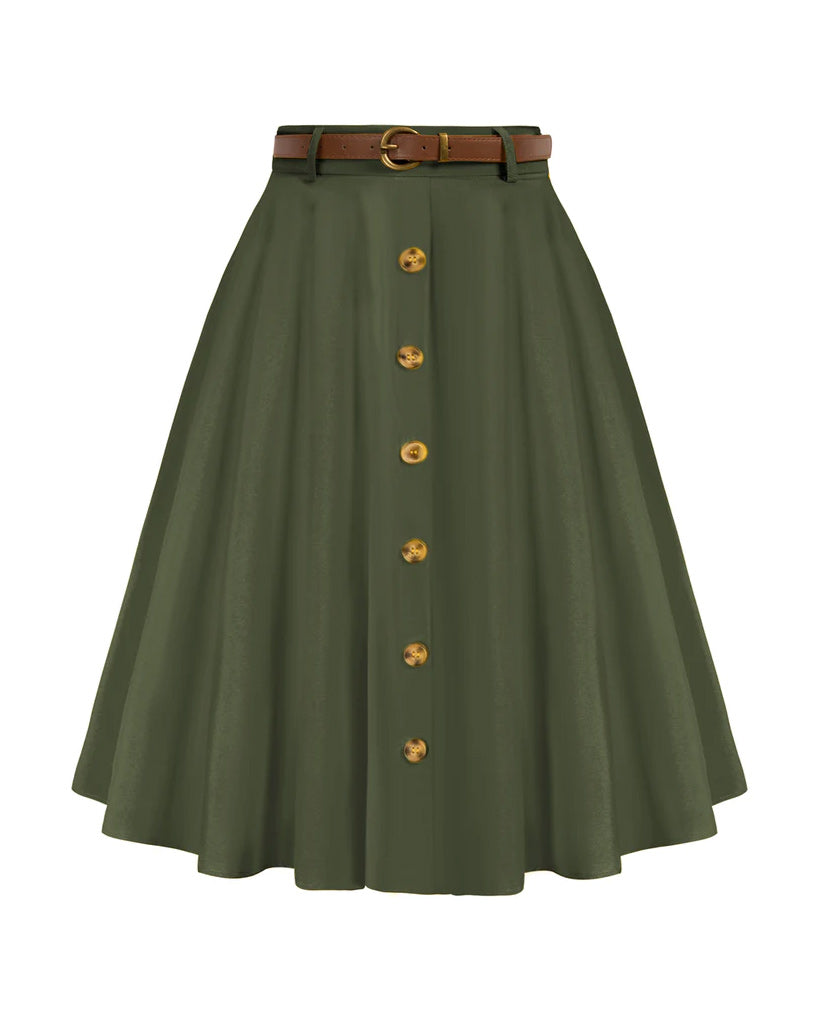belle poque Swing Skirt with Belt Elastic High Waist Buttons Decorated Skirt Army Green