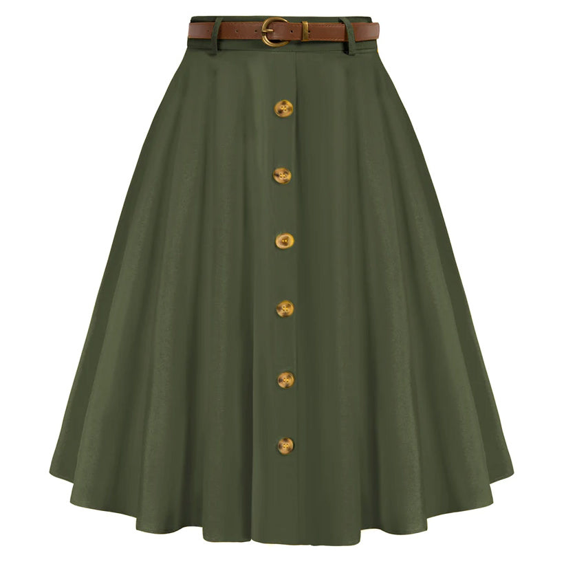 belle poque Swing Skirt with Belt Elastic High Waist Buttons Decorated Skirt Army Green