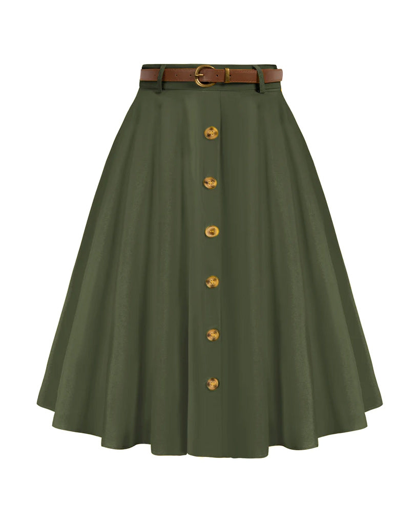 belle poque Swing Skirt with Belt Elastic High Waist Buttons Decorated Skirt Army Green