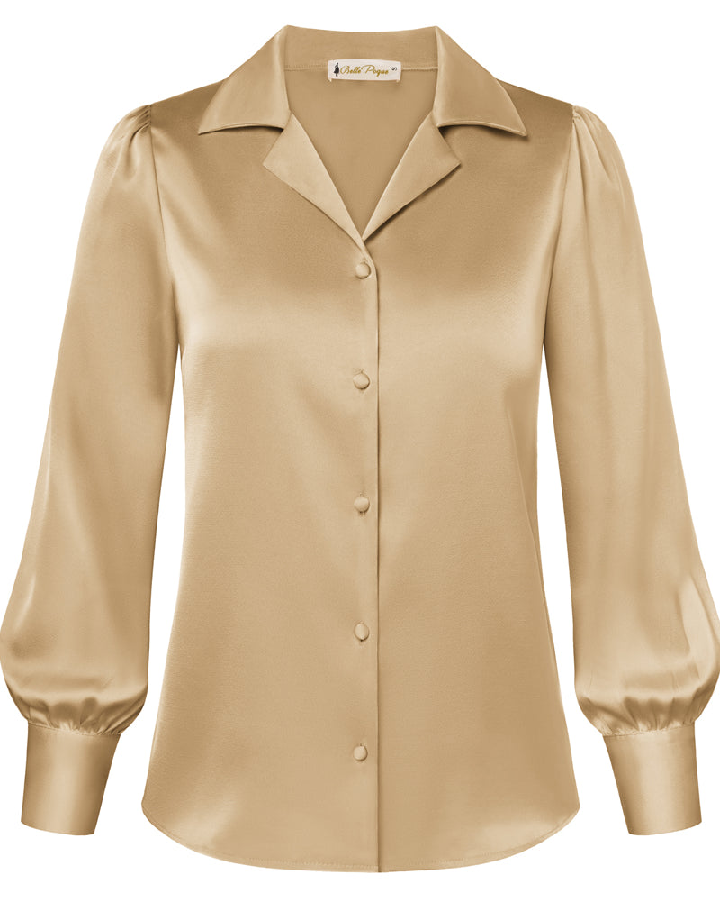 belle poque Women Vintage Shirt OL Long Sleeve Lapel Collar V-Neck Button-up Tops Khaki