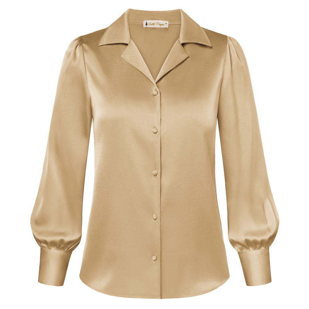 belle poque Women Vintage Shirt OL Long Sleeve Lapel Collar V-Neck Button-up Tops Khaki